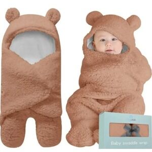 Blue Mello Baby Swaddle Wrap Blanket with Hood 0-6mths Bear Ears Plush Brown New